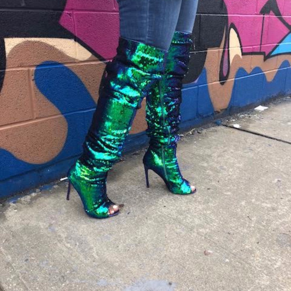Emma - Mermaid Sequin Peep Toe Boot Green